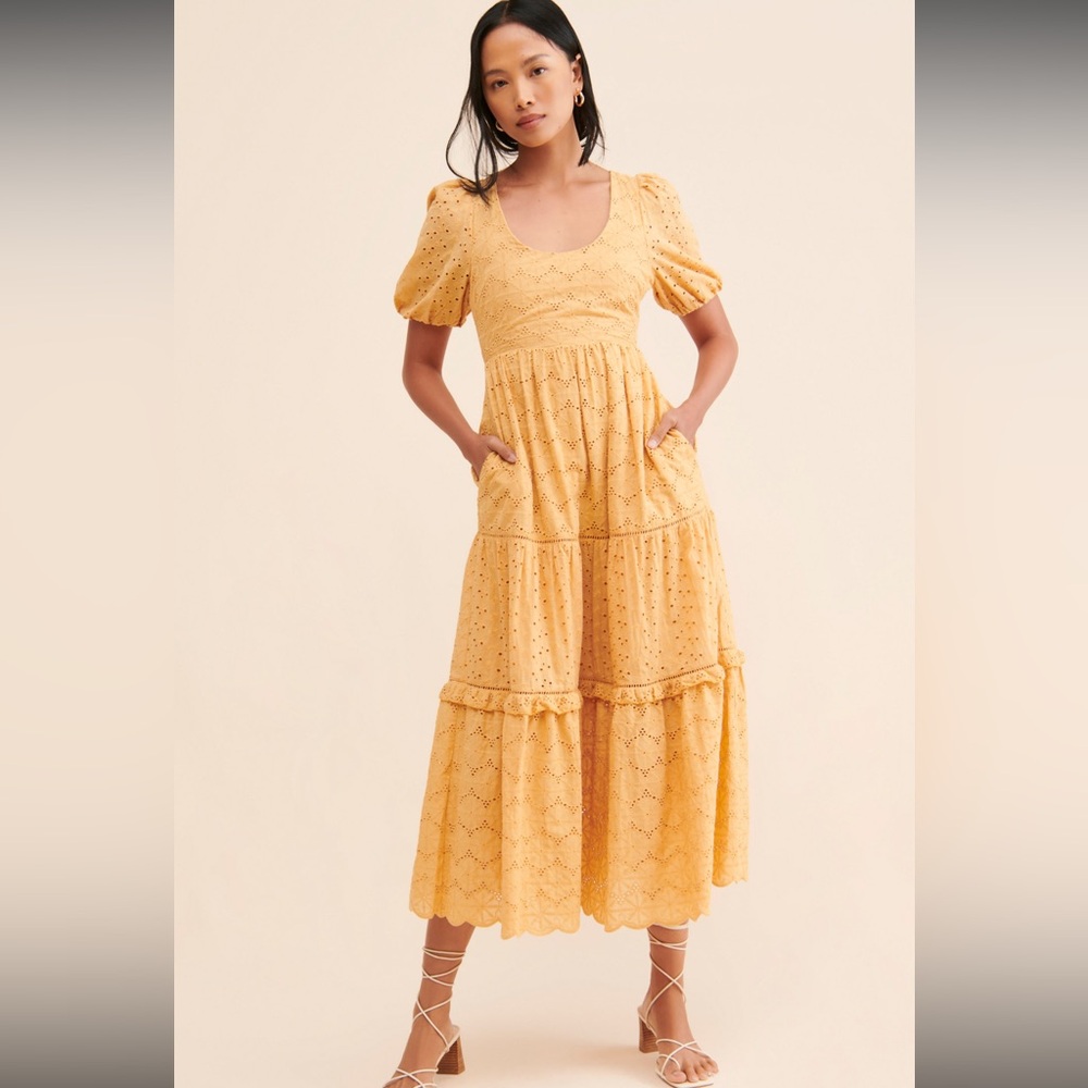 Harni Mae Midi Dress in Yellow Motif NWOT